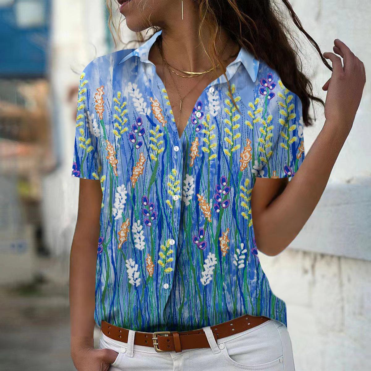 

2025 Summer New Fashion Women s Plant Printed Short Sleeve V-neck Casual Button-down Shirt Top XS синій
