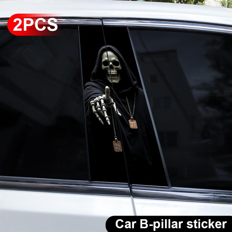 2pcs Skull Grim Reaper Car Sticker Car Center Pillar Sticker Modified Car Door Pillar Shape Waterproof Vinyl Sticker