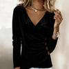 Yousheng Women Tops Slim Fit V Neck Long Sleeve Soft Stretchy Pullover Tops Solid Color Side Pleated Design Buttons Decor Casual Blouse