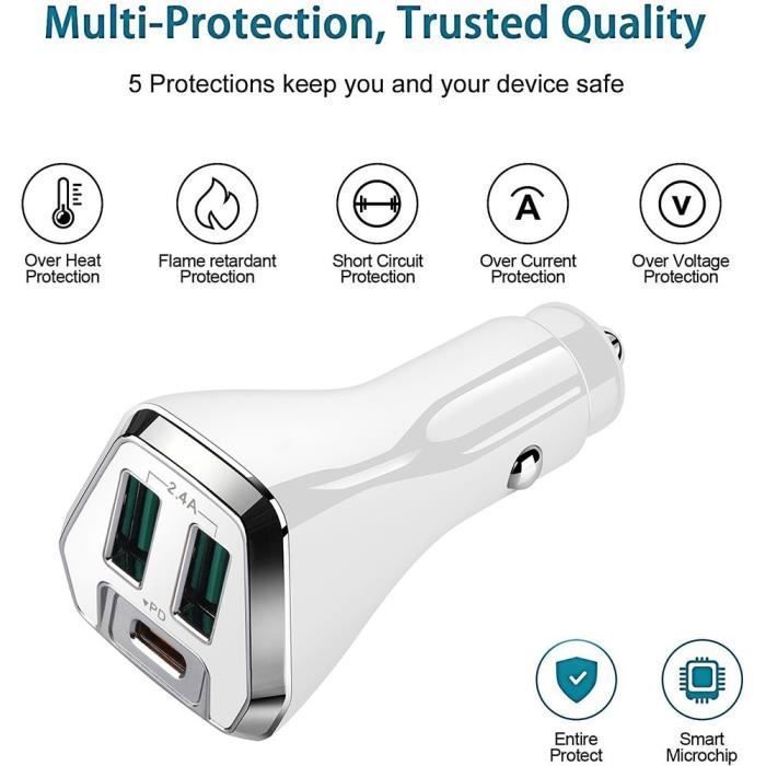 Chargeur de Voiture 3-Port USB 2,4A et USB-C PD - BOOLING - Blanc - Prise Allume-Cigare - Universel