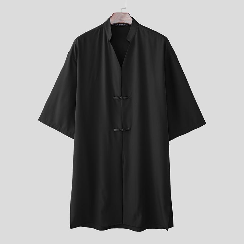 INCERUN Oversized Summer Men V Neck Half Sleeve Splits Casual Long T-shirts Tee Tops