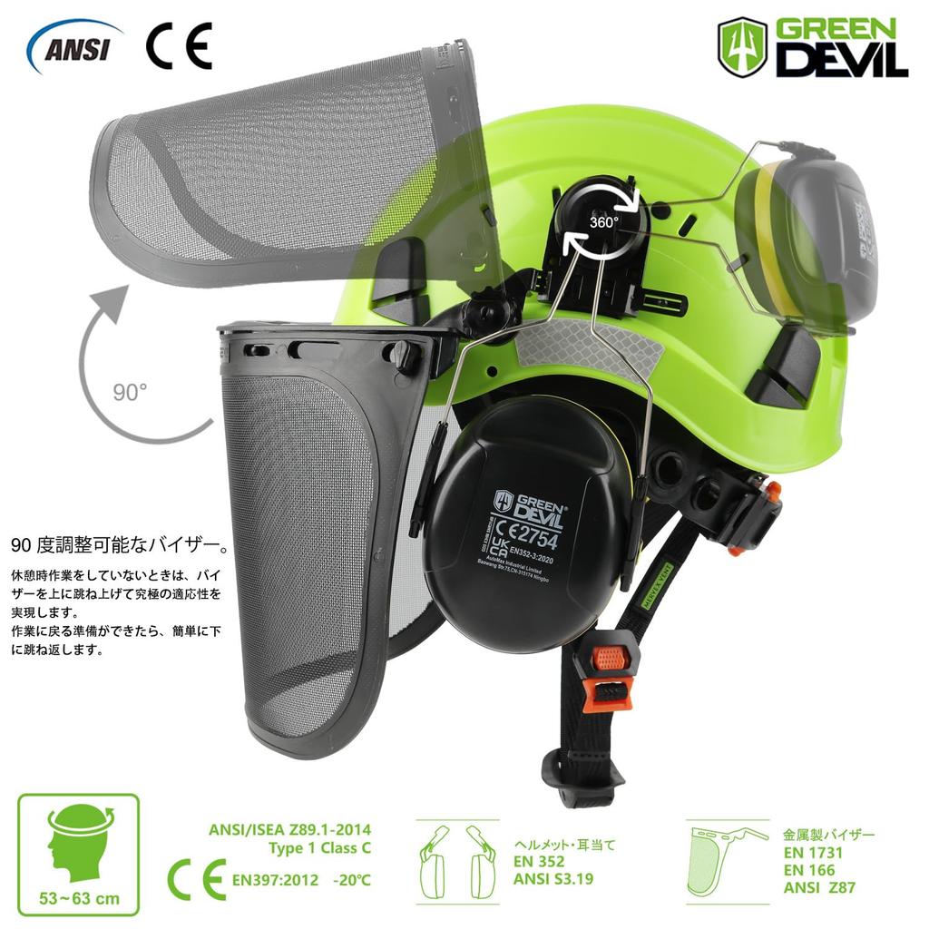 GREEN DEVIL Forestry for Chainsaw Grass Face Construction Retractable Sun Hard Impact EN397 Helmet, Work, Mowing, Guard, Helmet, Visor, Earmuffs,