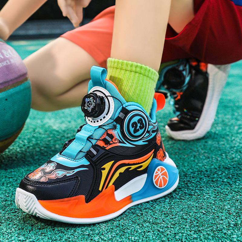 Novos sapatos de basquetebol esportivos infantis de couro impermeável com fivela rotativa para outono e inverno