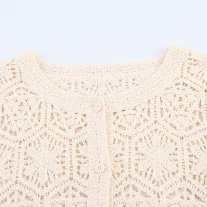 Kaslead New Women Clothes Western Style Fashion Round Neck Long Sleeve Hollow Wave Hem Knit Cardigan