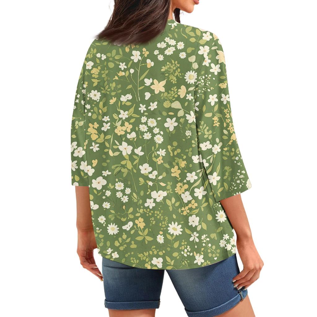 Women's Casual Loose Printed Round Neck Top With Three Quarter Sleeves T Shirt Top
