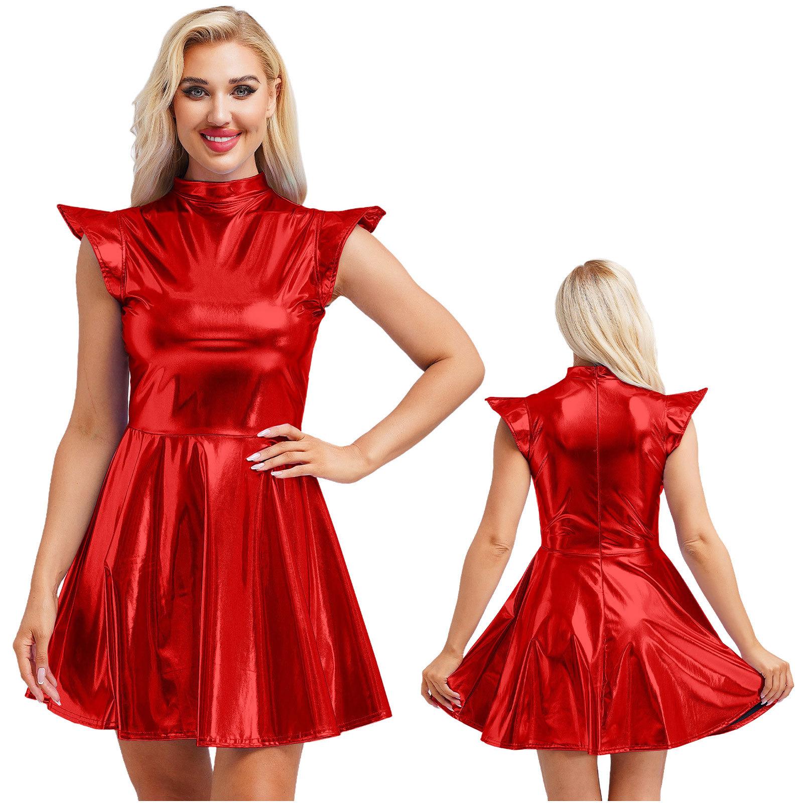 

Women s Fashion Metallic Dress - High Waist A-line with Cap Sleeves & Mock Neck for Halloween/Bar Parties XXL червоний