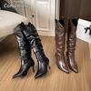 Spring Autumn Pleated Pointed Toe Women's High Heel Long Boots Brown Slip-on Knee-High Modern Boots Size 34-40 Botas Para Mujer