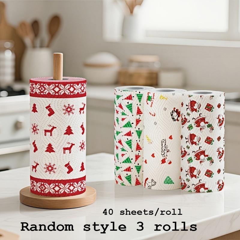 3/1RollsChristmas Kitchen Paper Rolls, Dual-Use Wet & Dry Washable Rags  - for Home, Dishwashing, Wiping - Christmas Theme Rolls