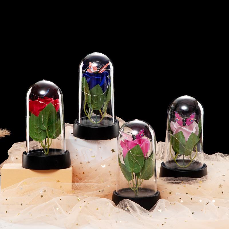 Eternal Flower Glass Dome Night Light - Gold Foil Butterfly Rose & Dried Flower Table Decoration