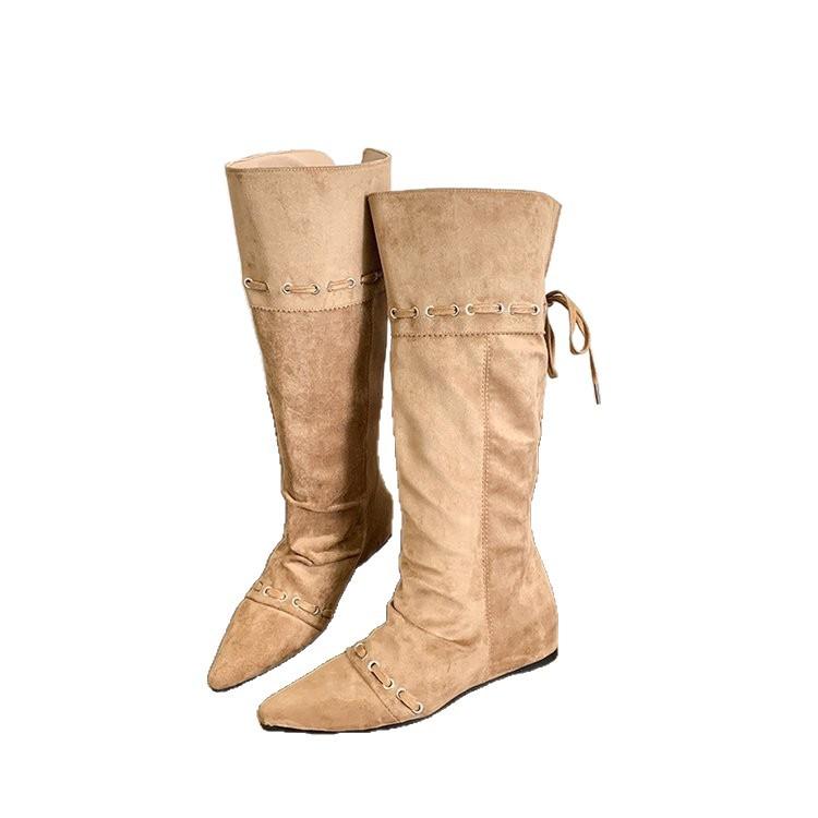 "Wasteland Spice Girls" Inner Heightening Western Cowboy Boots Women's Autumn and Winter Pile Boots Lace-up Skinny Knee Boots