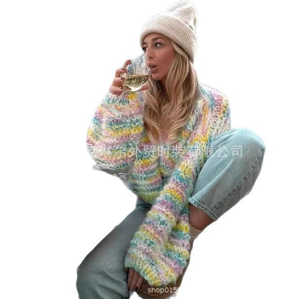 2025 European and American new V-neck long-sleeved cardigan street style loose jacket elegant rainbow knitted sweater