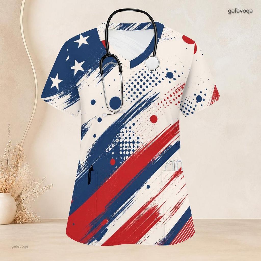 Women Plus Size V Neck Short Sleeve Scrub Top Paint Splash Patriotic Star Print Nurse Uniform Top