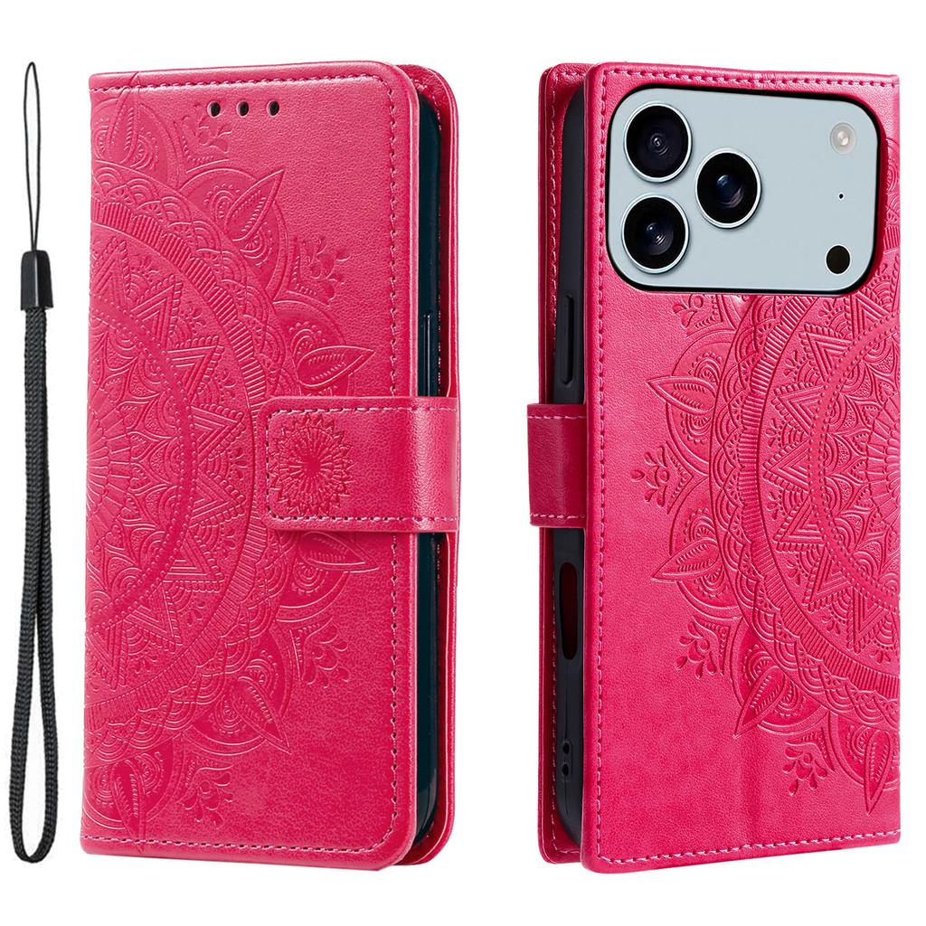For iPhone 17 Pro Max Stand Case Imprinted Totem PU Leather Wallet Phone Cover with Wrist Strap