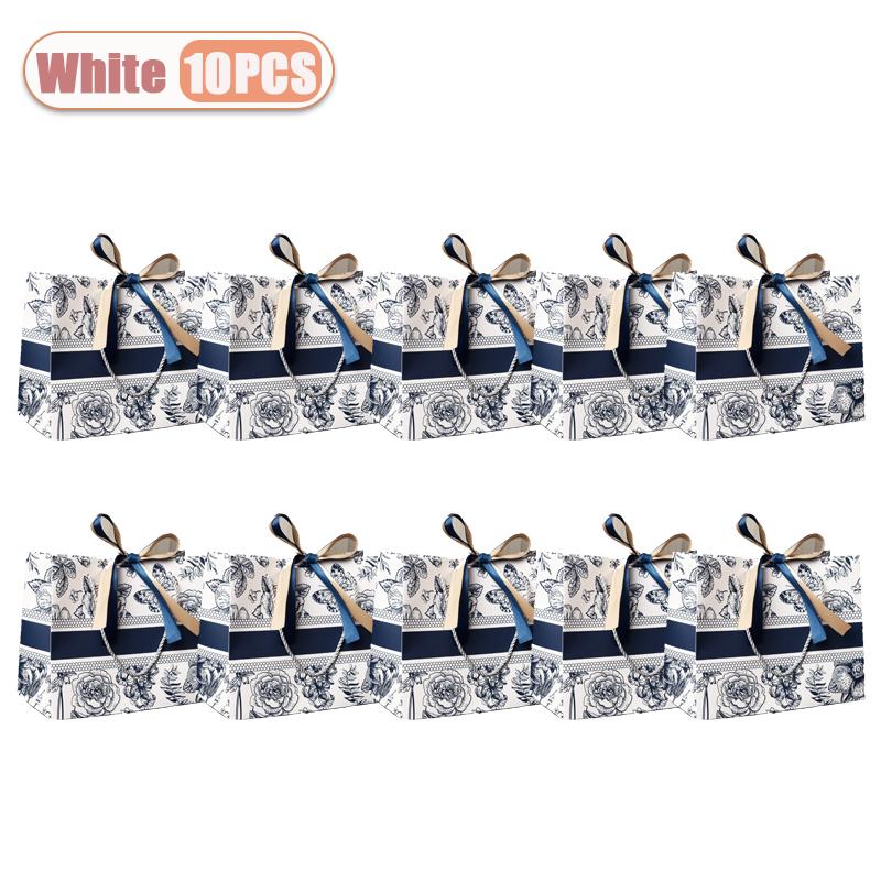 

10-30PC Multi Occasion Gift Bag Gold Blue Ribbon Retro Floral Design Reusable Foldable for Wedding Christmas Birthday Mother Day S-18X16X10cm