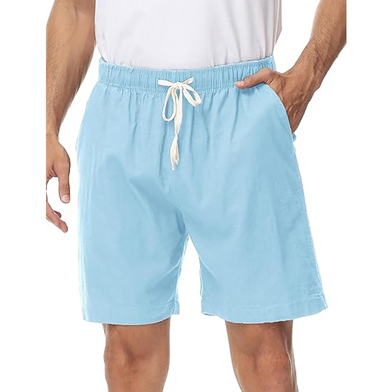 

Мужские спортивные хлопковые льняные повседневные свободные шорты Повседневные пижамы с карманами для бега Брюки XL небесно-голубой