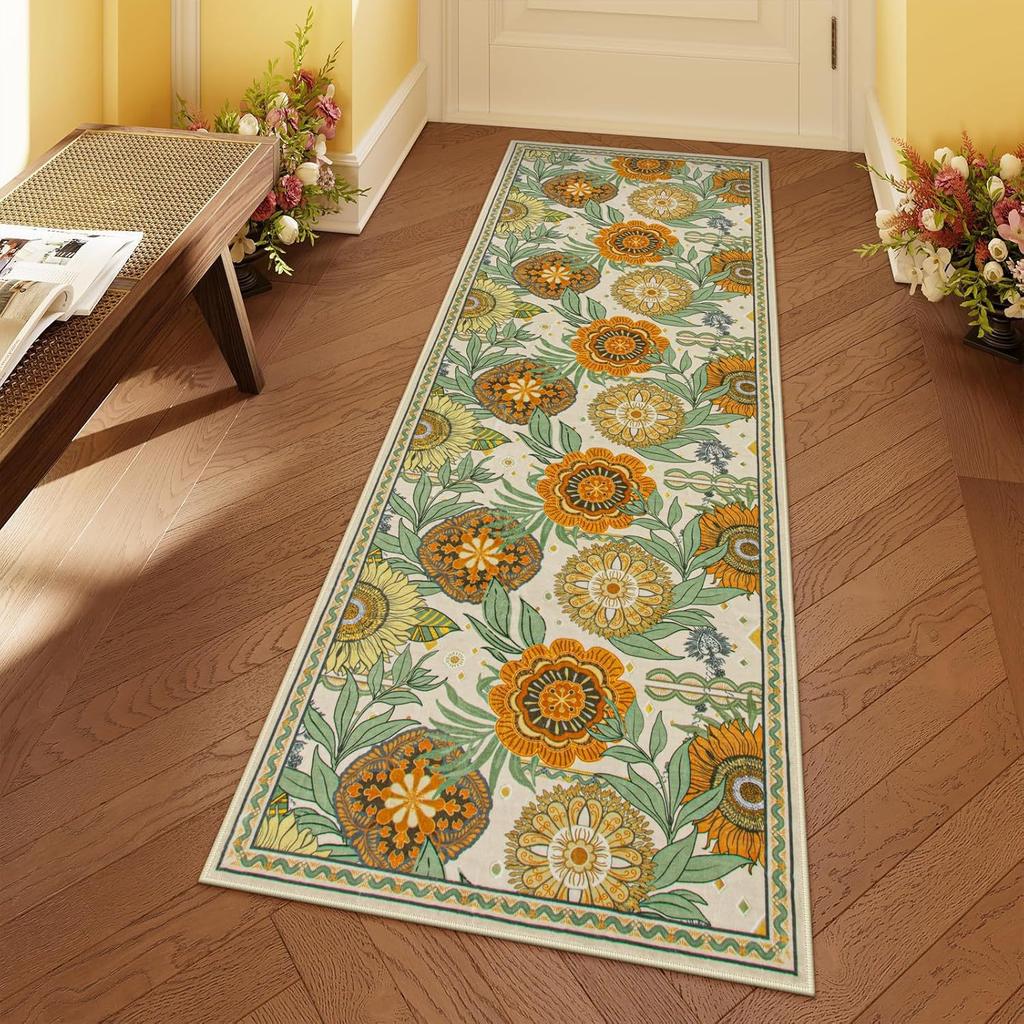 Vintage Floral Pattern Runner Rug Plant Decor Hallway Long Carpet Absorbent Anti-slip Door Mat for Bedroom Entryway Bathroom