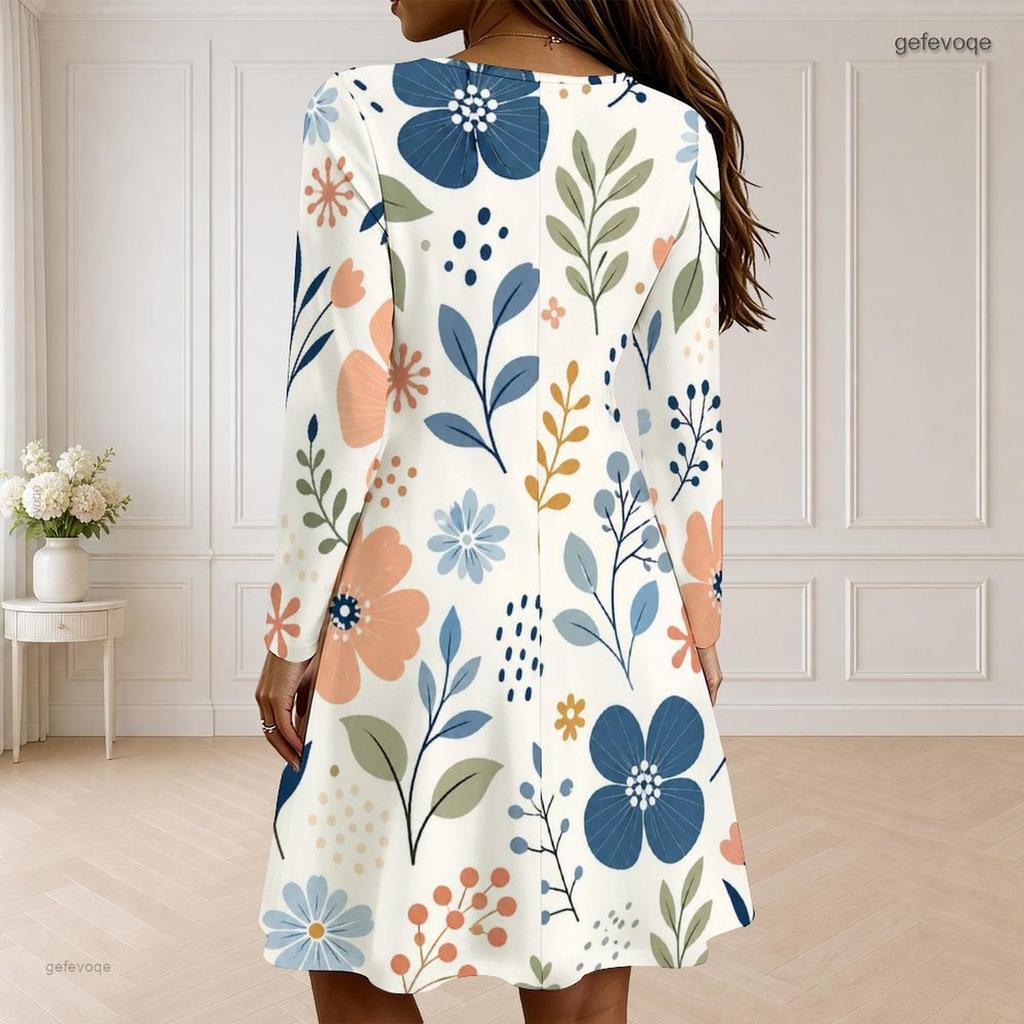 Women Plus Size Scalloped V Neck Long Sleeve Floral Printed Navy Blue Dress