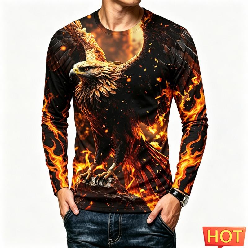 Funny 3D Eagle Print Men's T Shirts Autumn Trend Long Sleeve T-shirt Casual O-neck Loose Tops Fashion Animal Pattern y2k Clothes