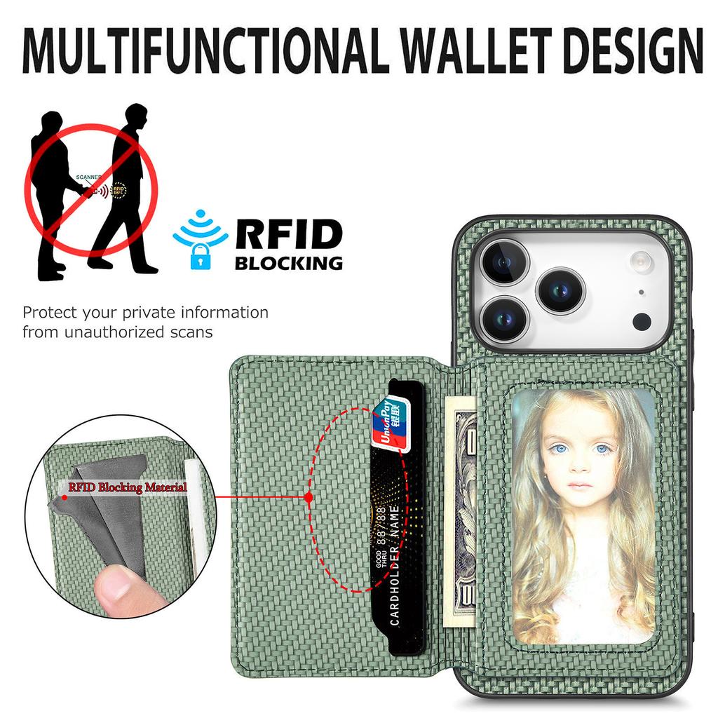 For iPhone 17 Pro Max Case RFID Blocking Carbon Fiber Leather Phone Back Cover with Card Holder