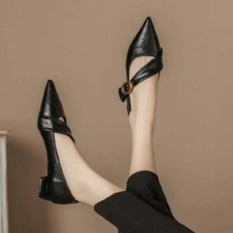 Pointed Toe Women Chunky Shallow Leather Elegant Heels Shoes Trend Fashion Spring Designer Party Dress Sandals New Mujer Zapatos