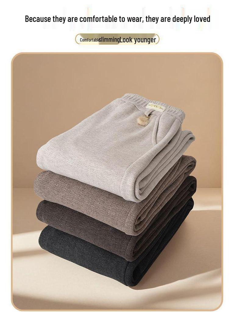 Fleece-Lined Elastic Waist High-Waist Casual Loose Fit Straight-Leg Pants for Middle-Aged and Elderly Women—Ideal for Autumn/Winter.