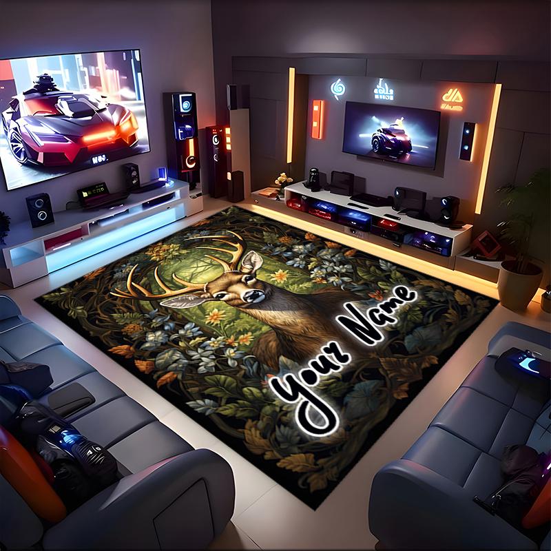 1PC Custom Name Deer Forest Theme Floor Mat Ideal for Living Room, Game Rooms, Office, Bedroom,Floor Mat Playful Design