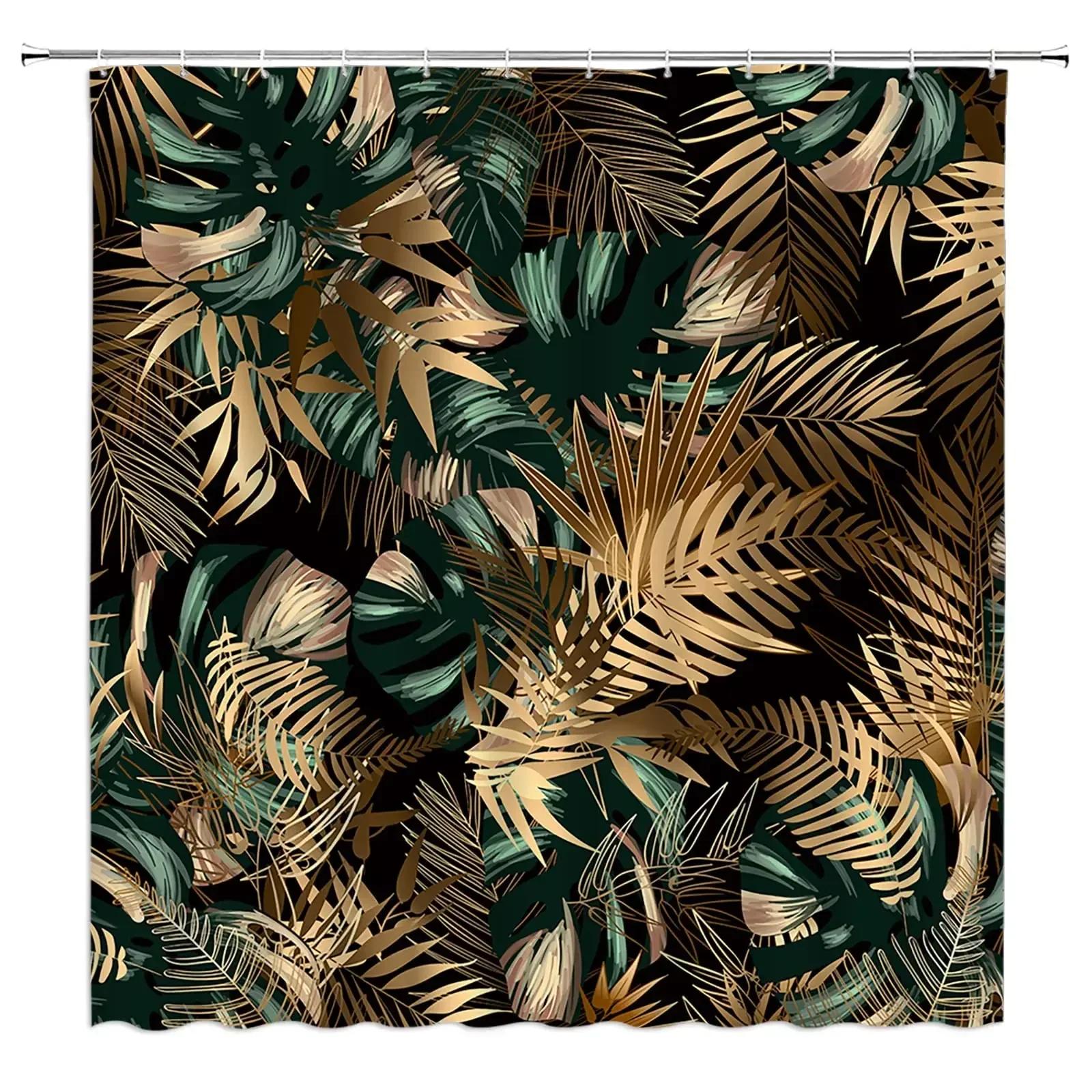 

Green Hawaii Tropical Shower Curtain Green Gold Tropical Leaves Plant Fabric Bathroom Curtain Botanical Jungle Bath Curtain Set W60H190(CM)-1 Pcs