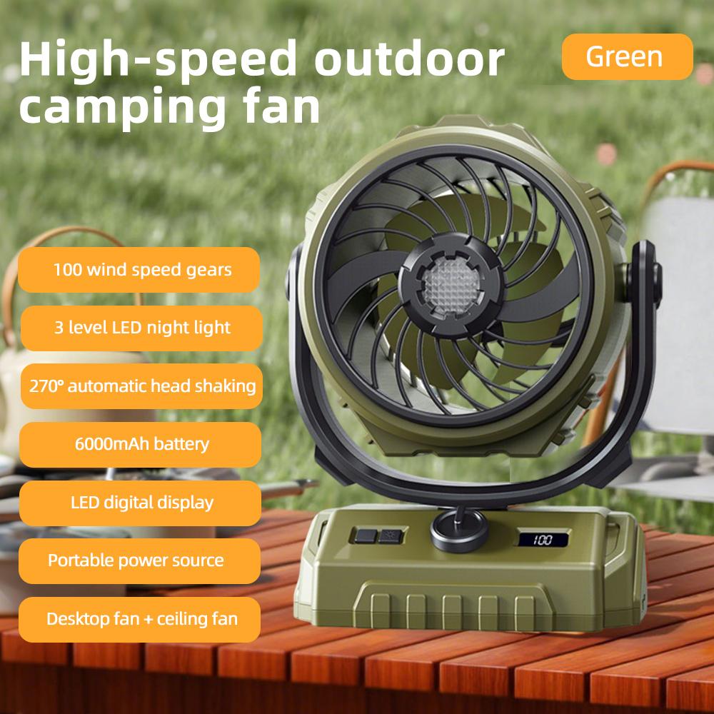 

Multi-functional Camping Ceiling Fan with 3-speed LED Night Light 270°Automatic Oscillating Head Outdoor Portable Desktop Fans зелёный