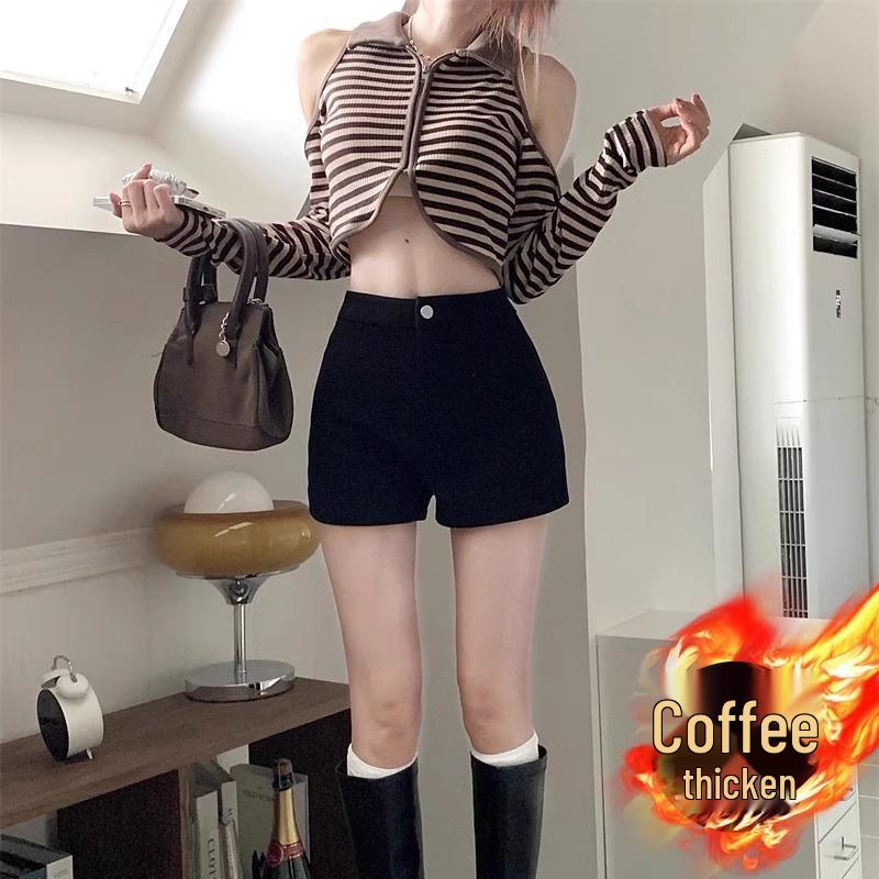 Sexy Korean-Style Black Elastic Shorts for Women with Fleece, Fashionable Spring Pants