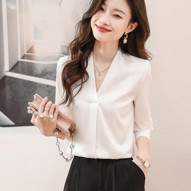 White Satin V-Neck Long Sleeve Shirt for Women - 2025 Autumn French Design