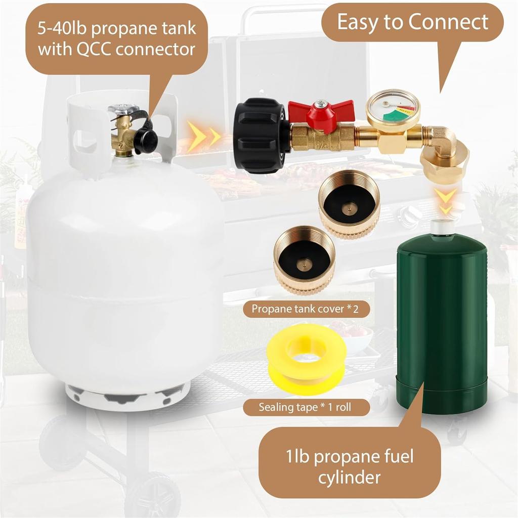 Metal Propanes Connection Quick Connecting Adapter Metal Propanes Fitting with Pressure Gauge for Travel Trailer Grills