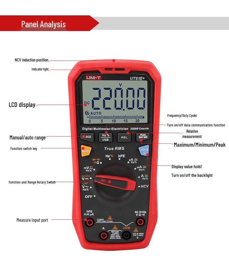 Uni-T UT61E+ High-Precision Digital Multimeter - AC/DC Voltage, Anti-Burn, Auto Display.