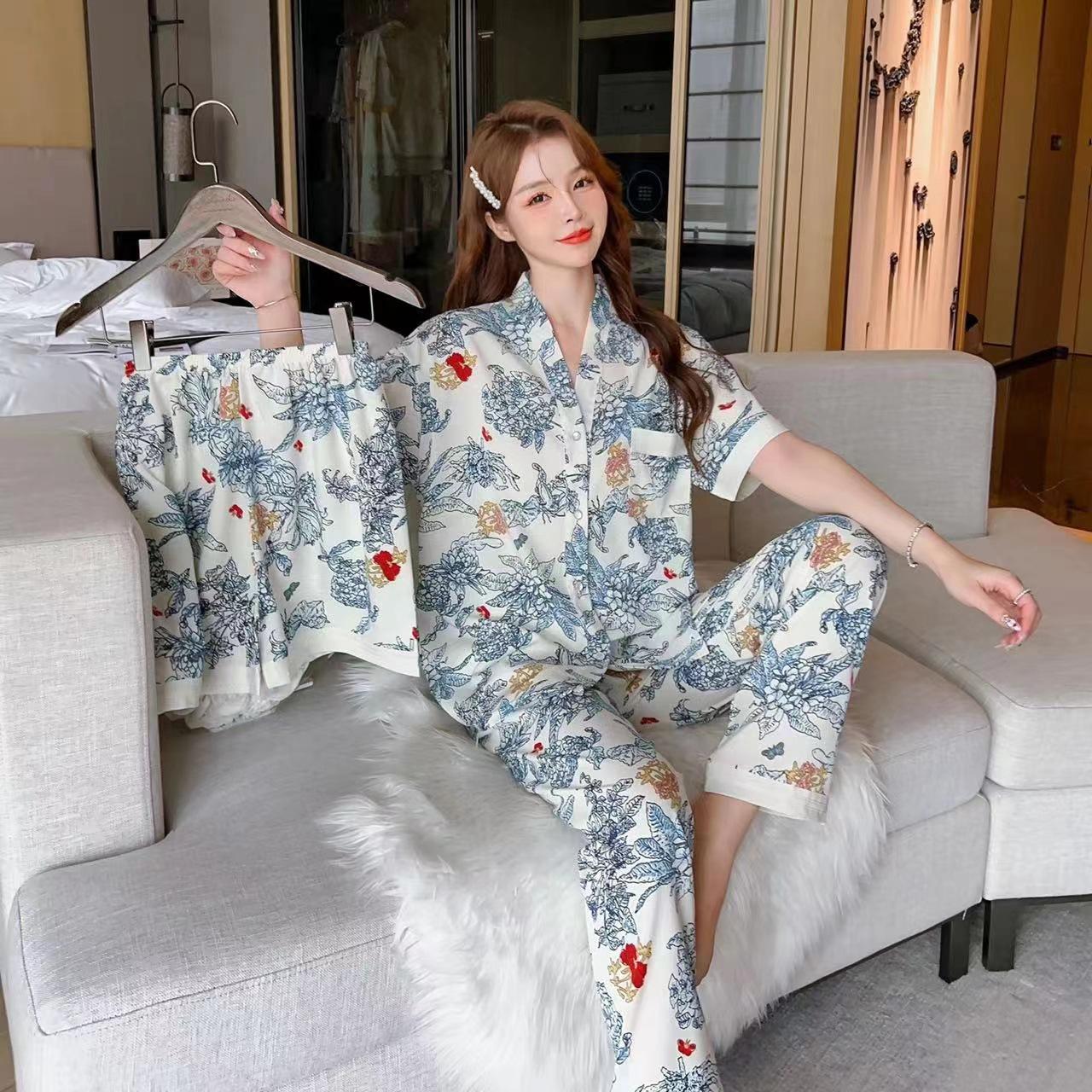 

Женская пижама из трех предметов Huar Mian Sweet Pajamas Homewear Женская сетчатая красная летняя свободная повседневная домашняя одежда с короткими рукавами XXL синий