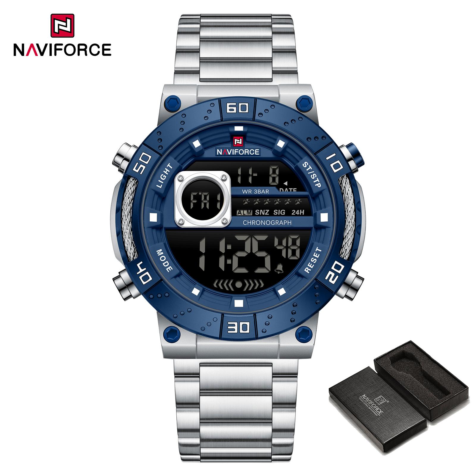 

Naviforce ЖК-цифровые часы для мужчин с датой, хронографом, будильником, ремешком из нержавеющей стали, водонепроницаемые, ночной режим, многофункциональные мужские часы NF9241S серебряный/синий