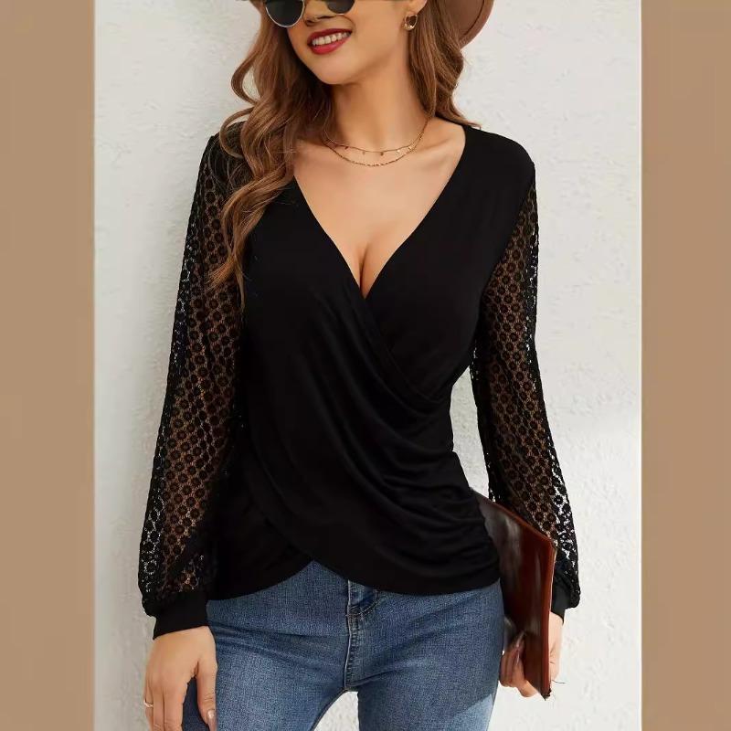 Damen Herbst und Winter Neues einfarbiges Spleißen von Spitze Laternenärmeln Loses Crossover-T-Shirt-Oberteil