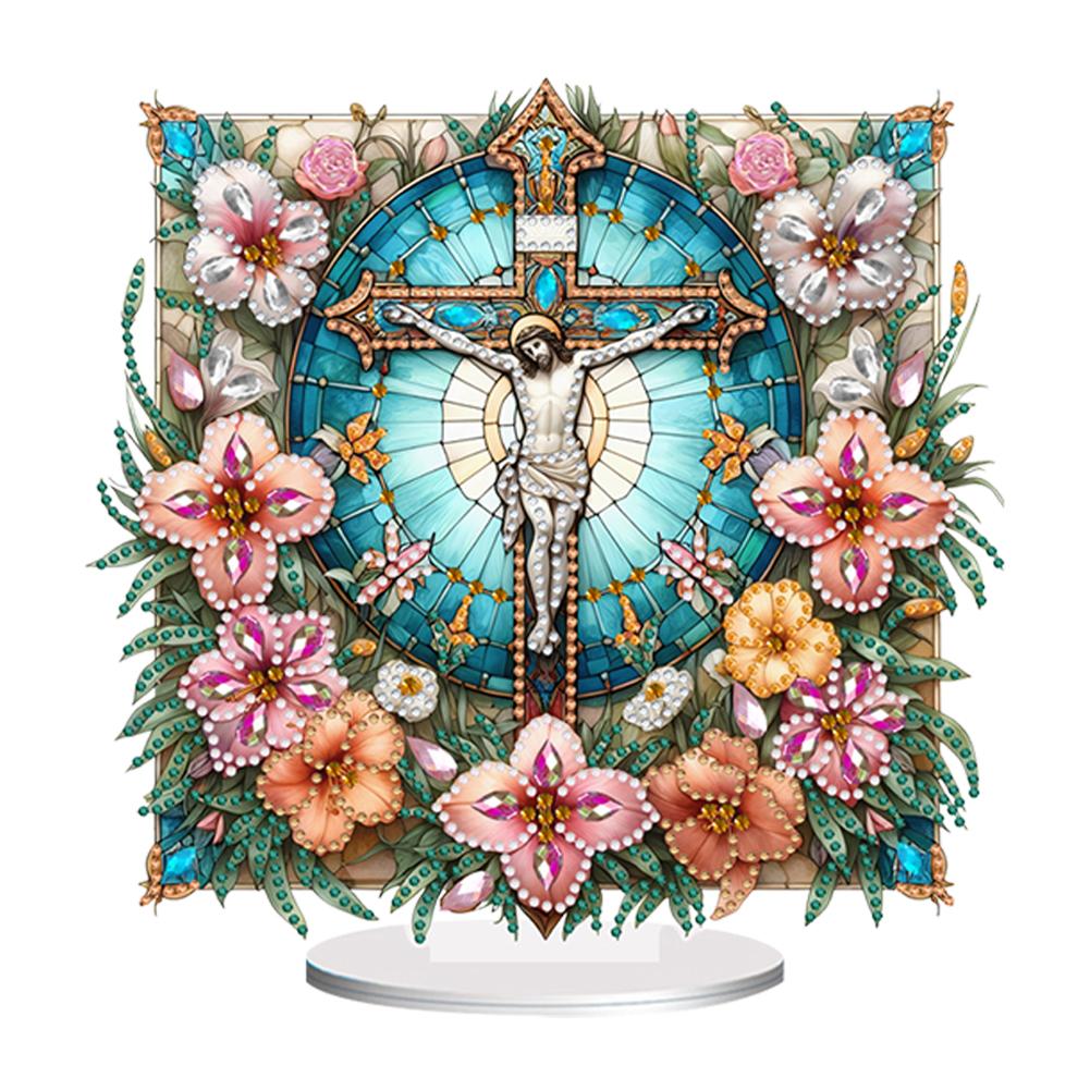 Acrylic Special Shape Cross Jesus Diamond Painting Tabletop Ornaments Kit Desktop Diamond Art Kits Rhinestones Desktop Ornaments