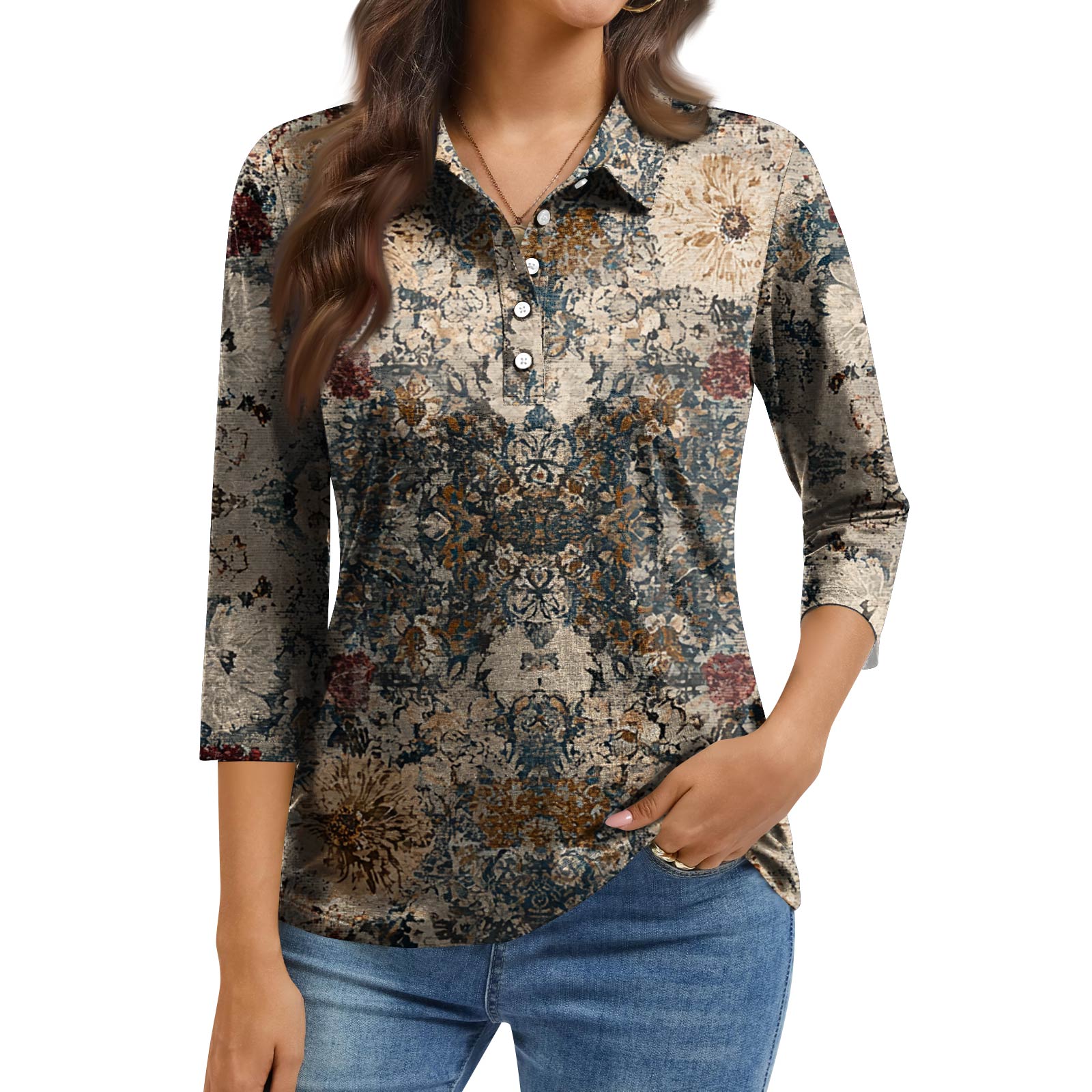 

Women s Fashion Casual Lapel Short 3/4 Sleeve Print Shirt Women s Button Up Tops M кавовий