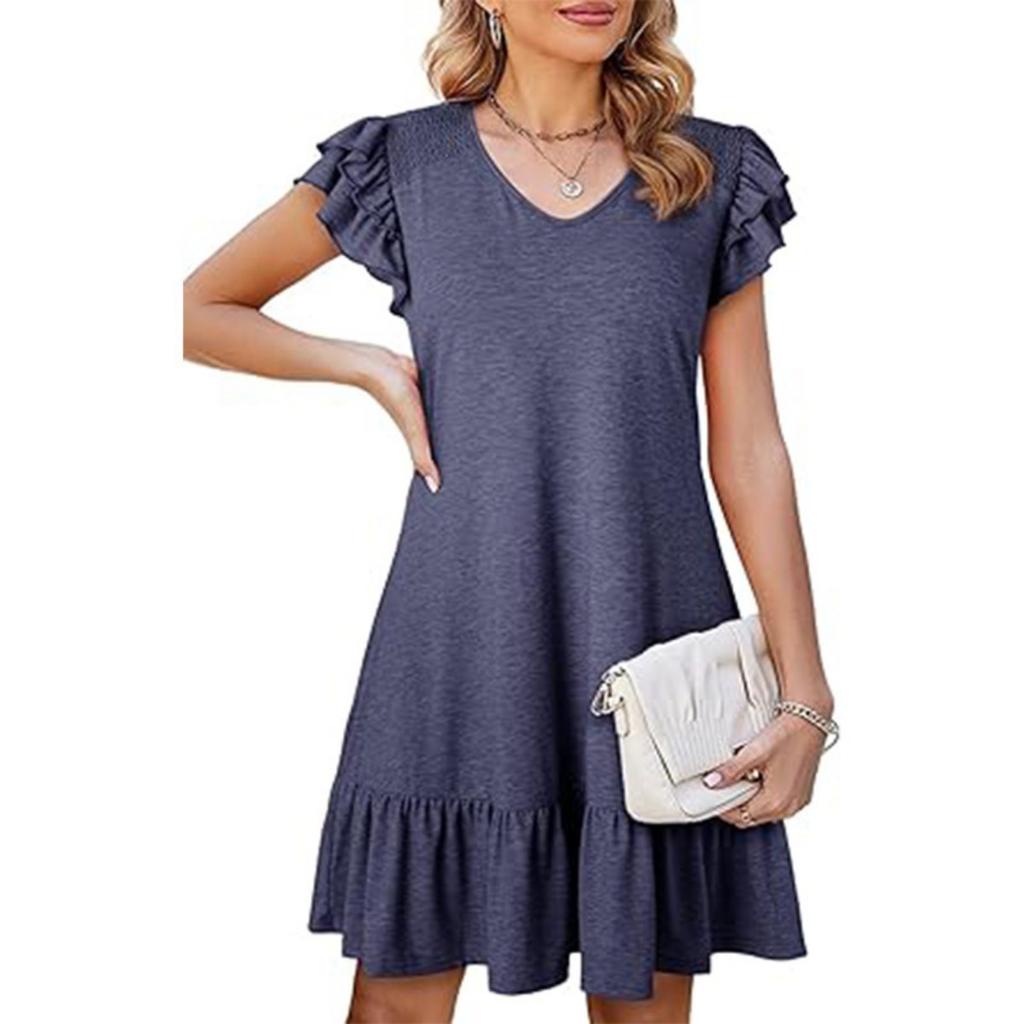 New Women's V-neck Ruffle Sleeve Loose Waist Cinched Dress for European American Crossborder