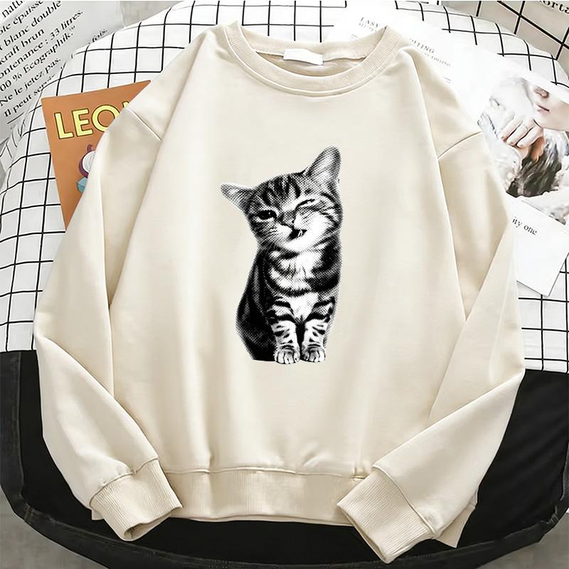 Fun Cat Diagram Print Pullovers Autumn Basics Sweatshirt Loose Street Women Clothing Fashion Oversize Long Sleeved Crew Neck Pullover