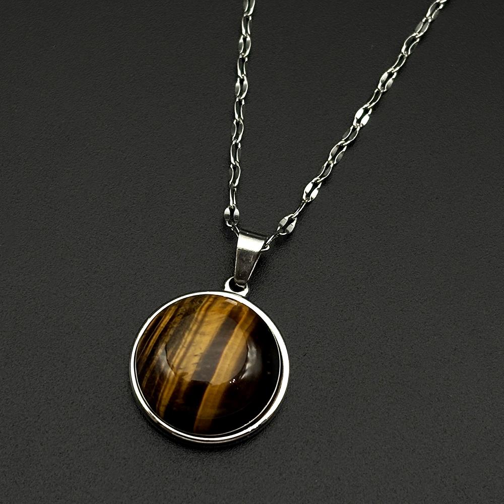 Tiger Eye Natural Stone Pendant Stainless Steel Chain For Women Men Healing Crystal Everyday Necklace Embedded Jewelry Gifts