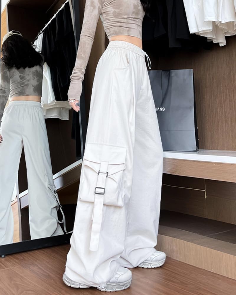 Cargo Pants for Long Wide Cargo With Loose For Hip Cool Bottoms White XL [HIMATI] Women, Pants, Pants, Pockets, Fit, Hop, Dance, - -