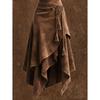 Women's faux suede vintage style irregular ruffle midi skirt with waist tie and tassel decoration