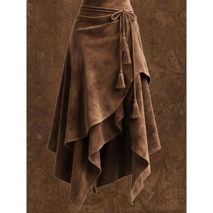 Women's faux suede vintage style irregular ruffle midi skirt with waist tie and tassel decoration