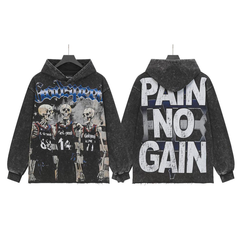 God Bless America Retro Rock Street Print Washed Hoodie - Casual Loose Fit