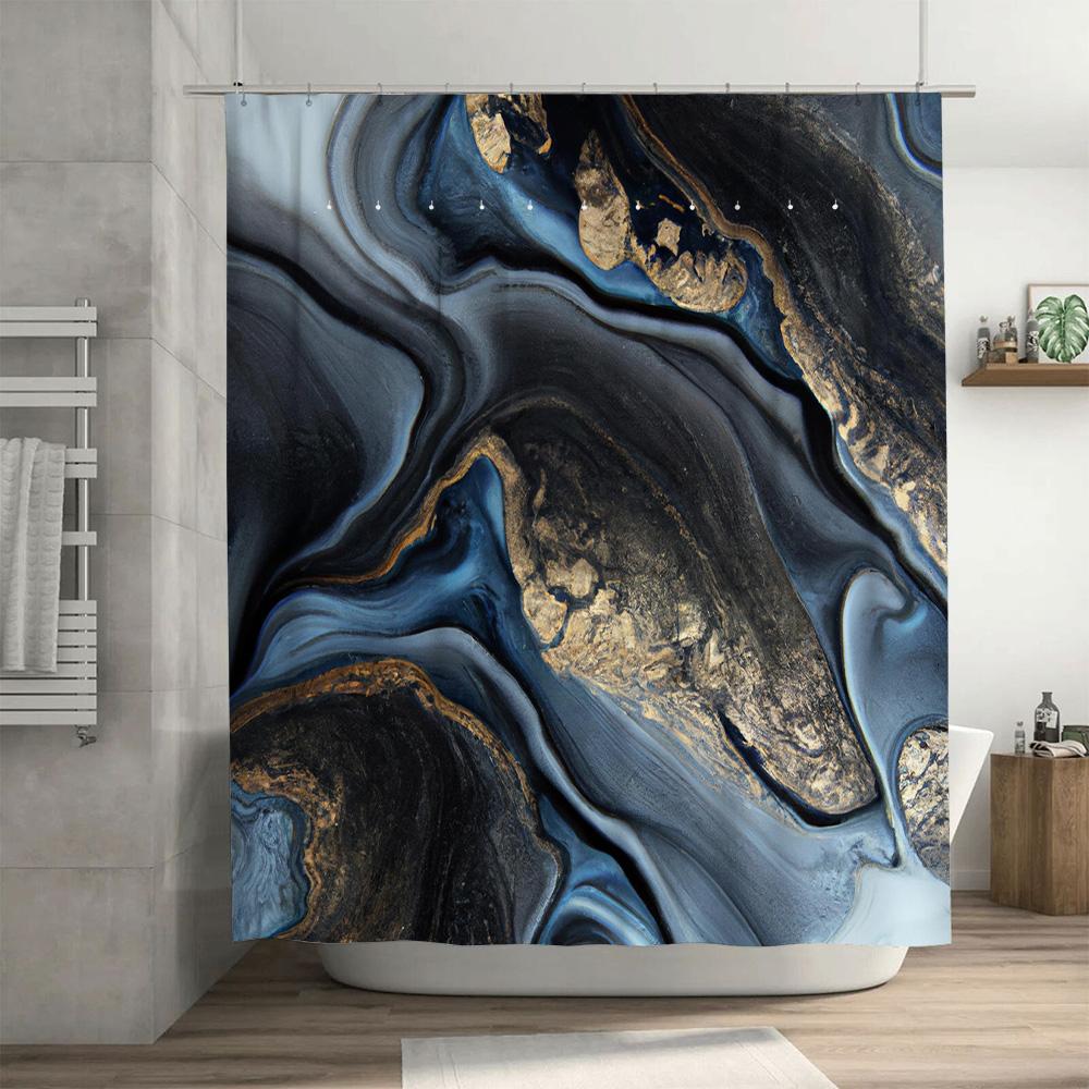 Luxury Blue Gold Black Shower Curtain with Marble Print, Waterproof Bathroom Decoration for Home Decor Modern Style Bath Accesso