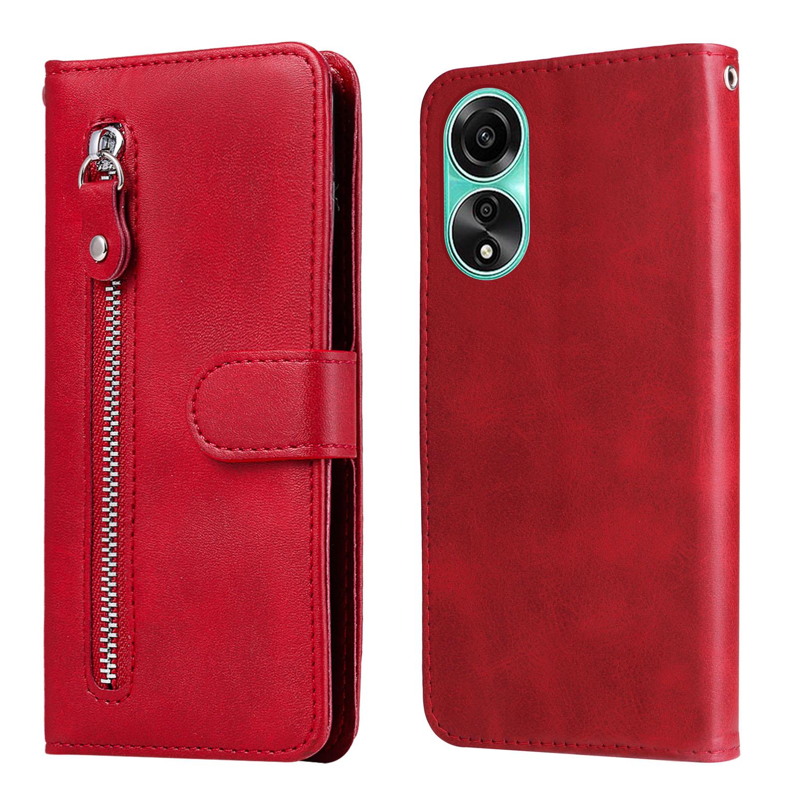 

For Oppo A78 4G Zipper Pocket Wallet Stand Phone Case Anti-drop Calf Texture Cover Red