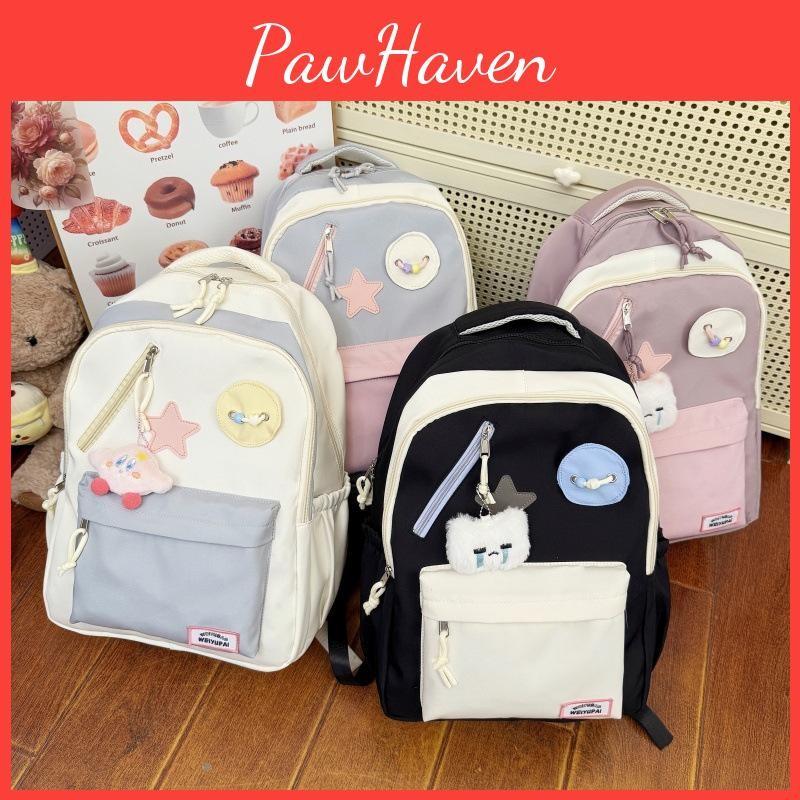 Cute Color Blocked Star Collage Student Backpack And Shoulder Bag Pendant With