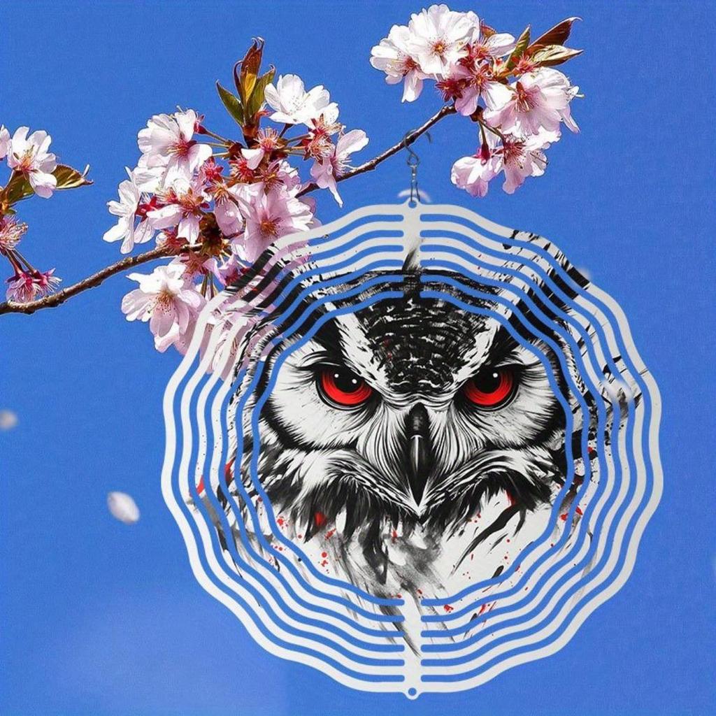 Metal Owl Wind Chime with Rotating Design for Outdoor Garden Yard Decoration Bird Repellent Hanging Spinner Art