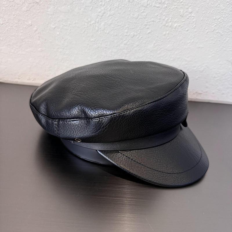 Solid Face Color Slimming  Navy Cap Short Visor Leather Material Supplies Women