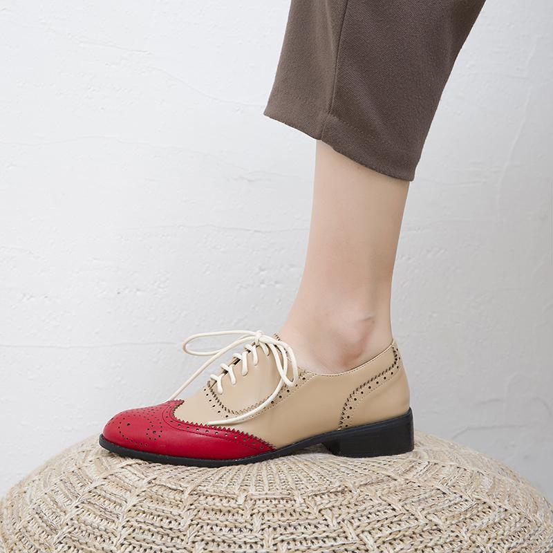 Fashion New Spring 2025 Block Genuine Leather Oxford Low Heel Women Shoes Retro Round Toe Shoes for Women Block Pumps Retro Ladies Shoes